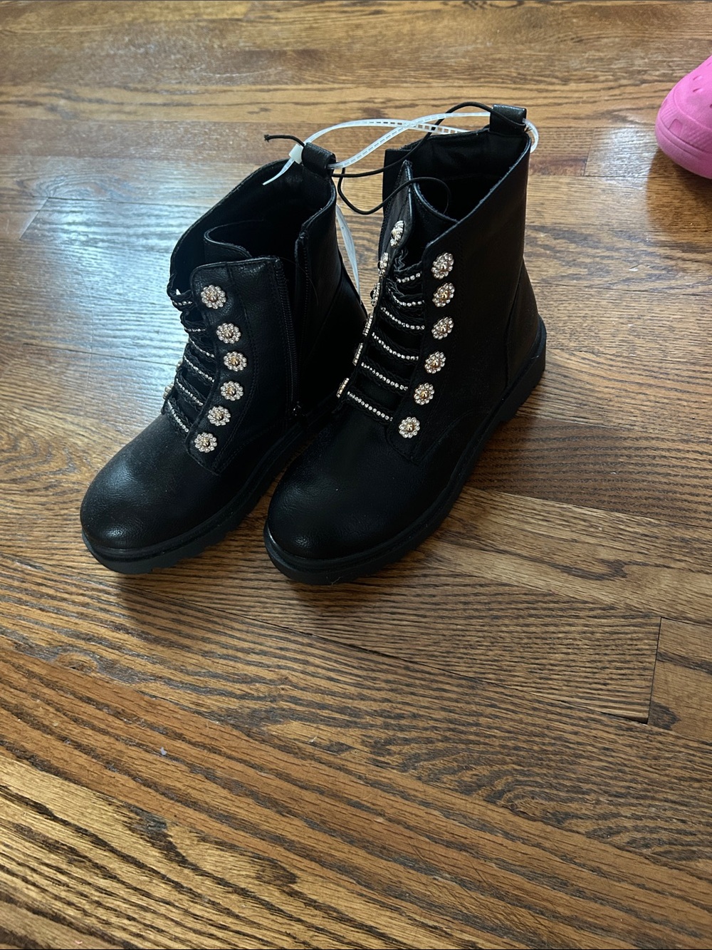 Self Esteem Black Kids Rhinestone Combat Boots